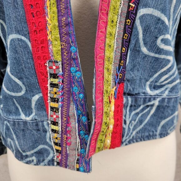 Chico's Blue Jean Denim Jacket with Multicolor Trim Bleached Floral Pattern - Picture 6 of 12